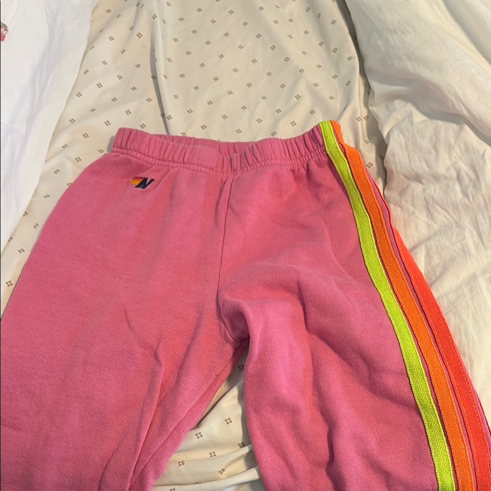 Aviator Nation Pink and Yellow Sweatpants with Sporty Stripes